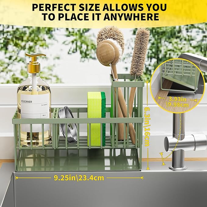 Cisily Kitchen Sink Caddy, Sponge Holder for Kitchen Sink, Kitchen Sink Organzier and Storage with High Brush Holder, 304 Stainless Kitchen Gadgets Sink Accessories, Organizadores de Cocina Sage Green-NeatNest