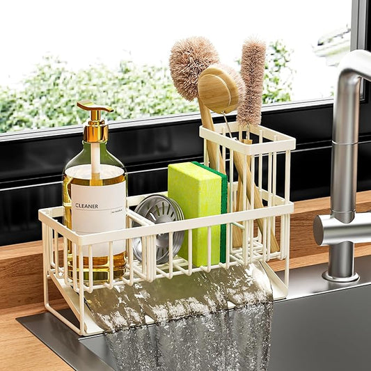 Cisily Off White Sponge Holder for Kitchen Sink, Sink Caddy Organizer with High Brush Holder, Kitchen Countertop Rustproof 304 Stainless Steel, Soap Dispenser Kitchen Organizers and Storage Essentials-NeatNest