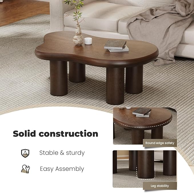 Cloud Coffee Table 46" Dark Brown Wood Coffee Table with 4 Sturdy Legs Mid-Century Modern Center Table Tea Table for Living Room Bedroom Office (Clouds Brown)-NeatNest