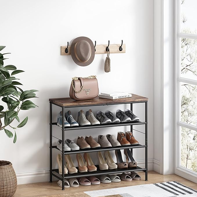 Shoe Rack Organizer 5 Tier Metal Organizer Shelf with Industrial MDF Board and Layer Fabric for Entryway Closet Bedroom Living Room Garage,Black & Rustic Brown (Black+Rustic Brown, 4 Tier)-NeatNest
