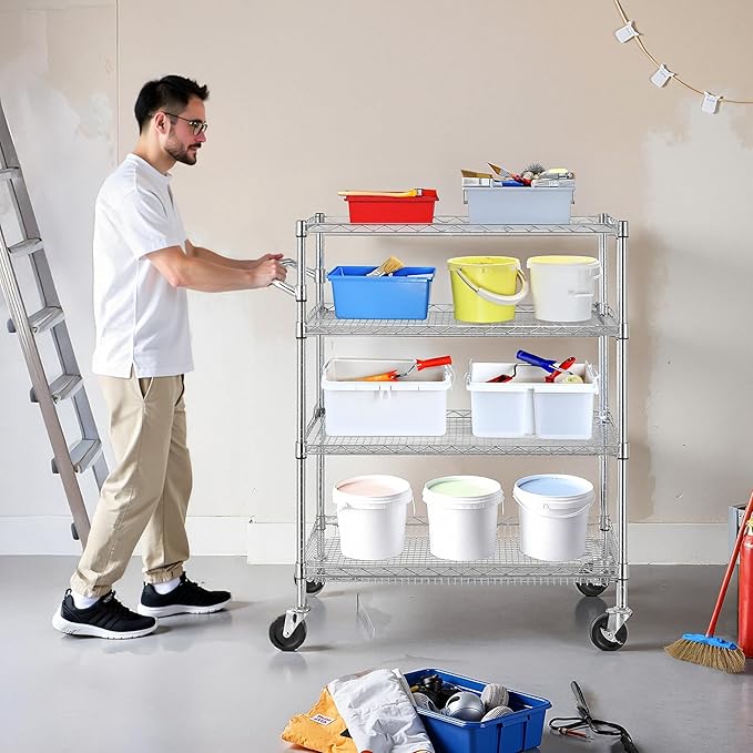 Finnhomy 4 Tier Heavy Duty Commercial Grade Rolling Cart with Handle Bar, Metal Wire Utility Cart with Wheels, Service Trolley on Wheels, Shelf Size 18" D x 30" W, NSF Listed, Chrome