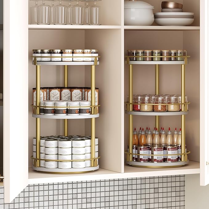 3-Tier Lazy Susan, Rotating Spice Rack, Spinning Organizer, Industrial Turntable Spice Rack for Cabinet, Kitchen Countertop, Pantry, White and Gold SR23DW-NeatNest