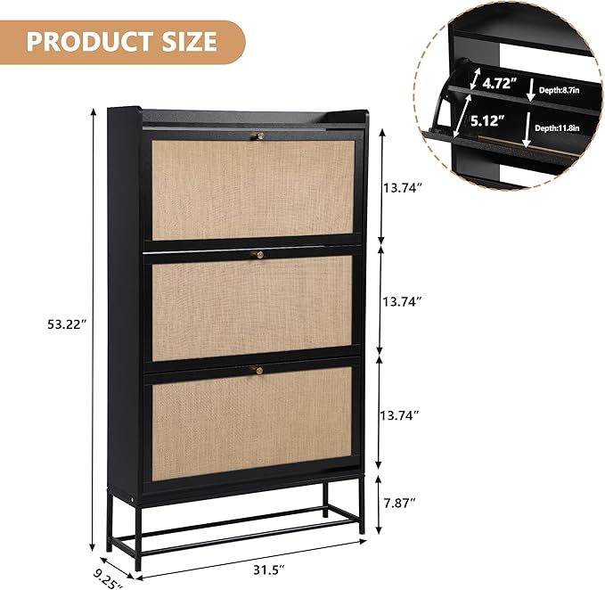 AVZEAR Shoe Cabinet, Shoe Cabinet Freestanding Tipping Bucket Shoe Rack Organizer with 3 Flip Drawers, Modern Entryway Narrow Shoe Rack for Entryway, Hallway, Bedroom (Black)-NeatNest