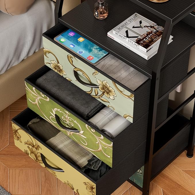 Furnulem Retro Dresser for Bedroom, Small Dresser for Closet, Vintage Nightstand with 4 Drawers, Fabric Storage Organizer Bedside Table Side Furniture, Metal Frame, Wood Top-NeatNest