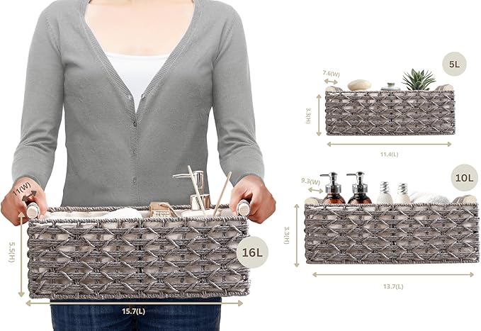 DECOMOMO Toilet Tank Basket, Wicker Storage Bins for Countertop, Toilet Top Organizer, Back of Toilet Basket, Pantry, (Grey, Set of 3)-NeatNest