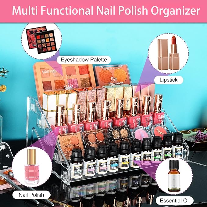 Nail Polish Organizer 60 Bottles of 5 Layers Sunglass Organizer Acrylic Display Rack Eyeglasses Storage Essential Oils Holder Makeup Organizer No Tool Needed Assembly, Clear-NeatNest