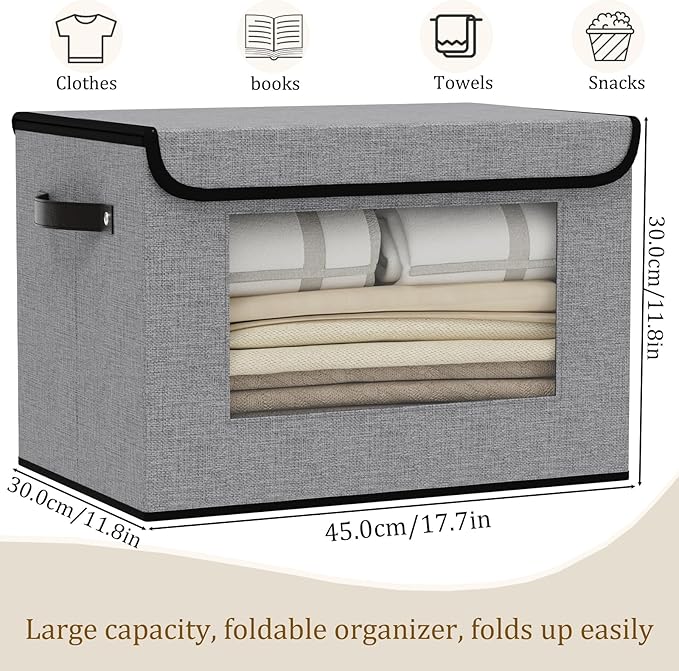 Cloth Storage Cubes, Decorative Linen Closet Organizers Bins, 17.7 x 11.8 x 11.8 inch Blanket Baskets for Shelves with Lids, Clothes Boxes with Handles, Gray, 5-Pack-NeatNest