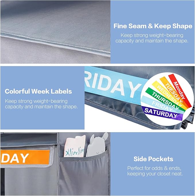 6-Shelf Weekly Closet Hanging Organizer for Kids, 6-Grid Days of the Week Baby Kids Clothing Organizer Monday through Saturday, Foldable Oxford Cloth Closet Clothes Weekday Storage (Gray)-NeatNest