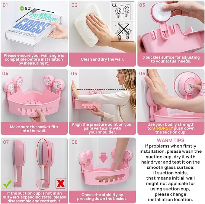 LEVERLOC Corner Shower Caddy Suction Cup, shower shelves suction cup, 2 Pack Basket Powerful Bathroom, Waterproof & Oil-proof Organizer for Kitchen, No-Drilling Removable (Pink)