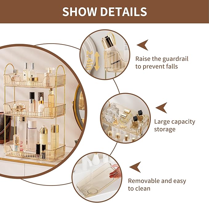 Bathroom Organizer Countertop, Vanity Trays for Bathroom, Skincare Makeup Organizer Shelf, Vanity Organizer, Bathroom Counter Shelf for Cosmetics, Toiletries, Lotions, Perfumes (3 Tiers, Amber)-NeatNest