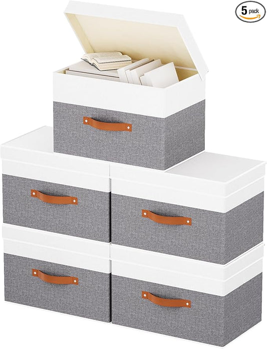 Fabric Storage Boxes with Lids, Linen Foldable Cloth Baskets, Closet Organizer Containers with Double Handles, Sweater Bins for Bedroom, White and Grey, 5 Pack, 13 x 9.1 x 7.9 Inch-NeatNest