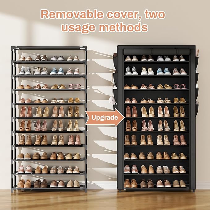 VTRIN Tall Shoe Rack with Cover, 10 Tier Shoe Organizer Storage for 50-55 Pairs Shoes and Boots Large Capacity Shoe Shelf with 8 Pockets Free Standing Shoe Rack for Closet, Entryway, Garage-NeatNest