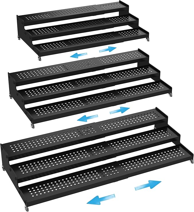 Expandable Spice Rack organizer with 3-Tier step shelf,Modern Design heavy duty,Non Skid and Visibility ,Great for Kitchen Cabinet,Bathroom,dressing table,Cupboard, Pantry and more(3PACKS/BLACK)-NeatNest