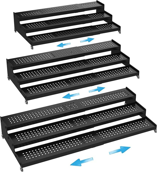 Expandable Spice Rack organizer with 3-Tier step shelf,Modern Design heavy duty,Non Skid and Visibility ,Great for Kitchen Cabinet,Bathroom,dressing table,Cupboard, Pantry and more(3PACKS/BLACK)-NeatNest