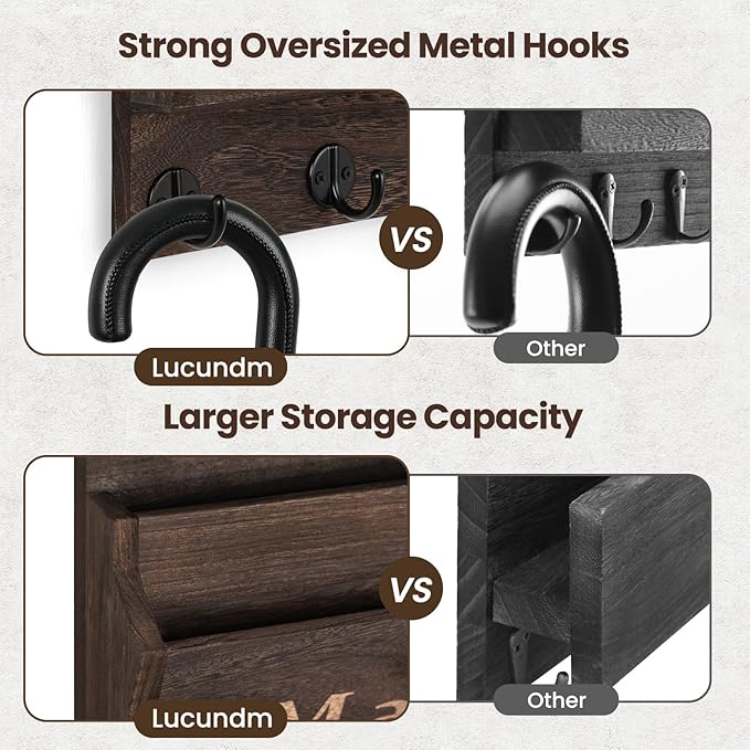 Mail and Key Holder - Decorative 9.8" x 12.5" Wall Key Hanger with 2 Mail Organizer Slots and 3 Hooks - Real Paulownia Wood with Keyhole Brackets, Hardware and Instructions (Brown)