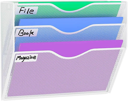 3 Pocket Wall File Holder Organizer, Mesh Hanging Wall Mounted Document Paper Folder Filing Magazine Rack with Nametag Label for Office Home School, 3 Tier White