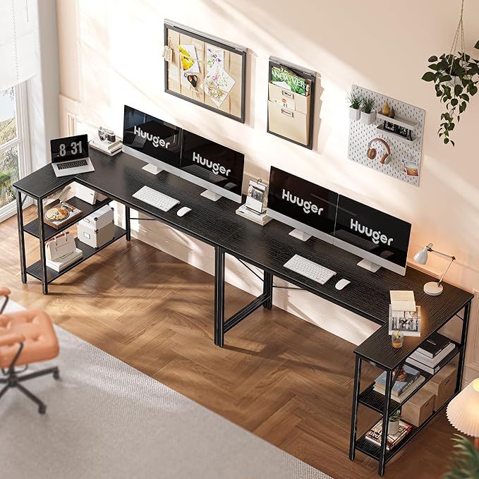 Huuger L Shaped Desk, 55 Inches Computer Desk with Reversible Storage Shelves, for Gaming Corner Home Office Writing Study, Metal Frame, Black-NeatNest