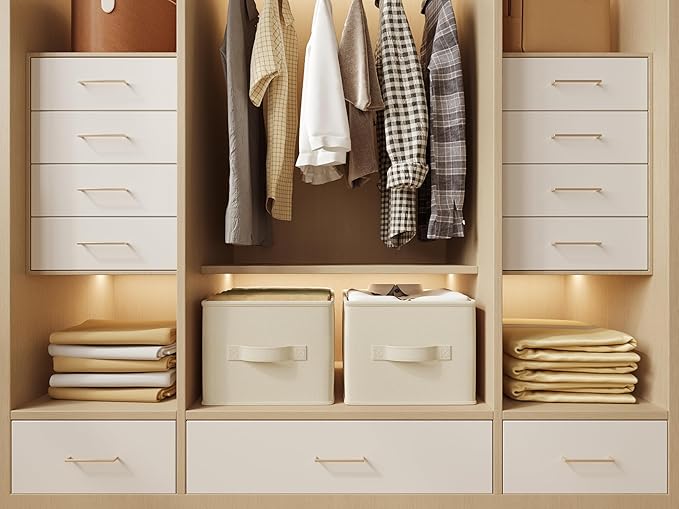 3 Pack Fabric Storage Bins for Shelves | 11.5x8.75x6.5in Storage Baskets | Fabric Closet Organizers and Storage Bins with Handles Home Organization| Linen Clothes Bins | White & Ivory-NeatNest