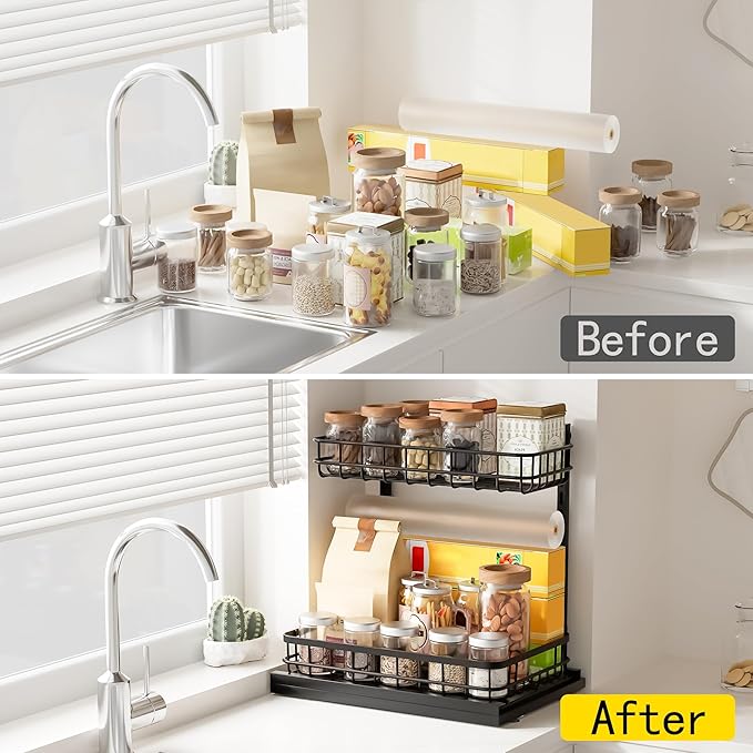 Under Sink Organizer, Adjustable Height Pull-Out Kitchen Storage Organization,15.8" x 11.8" x 16.5", 2-Tier Kitchen Shelf, Bathroom Drawer Organizer, 2 Pack|Black-NeatNest