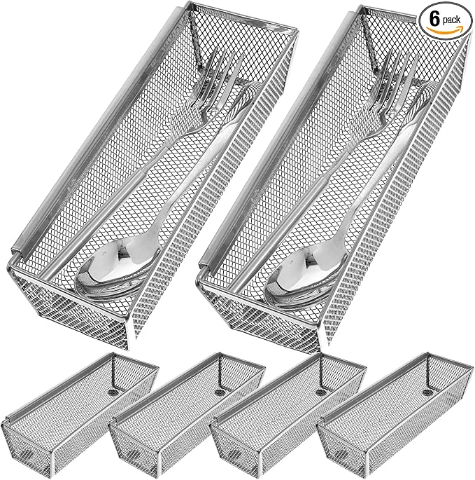6 Pcs Mesh Silverware Drawer Organizer, Metal Drawer Organizer for Kitchen, Small Utensil Drawers Organizers with Interlocking Arm for Flatware, Knives, Spoons,Cosmetic (Silver 9 * 3 * 2 inch)-NeatNest