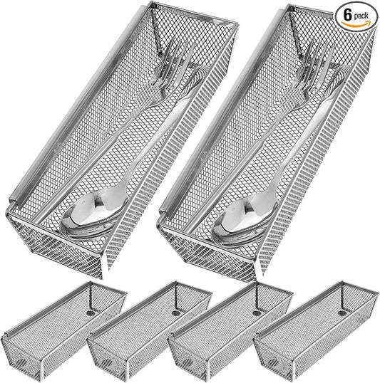 6 Pcs Mesh Silverware Drawer Organizer, Metal Drawer Organizer for Kitchen, Small Utensil Drawers Organizers with Interlocking Arm for Flatware, Knives, Spoons,Cosmetic (Silver 9 * 3 * 2 inch)-NeatNest