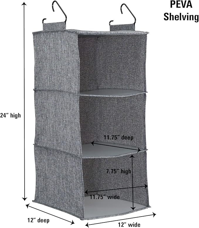 Household Essentials 3 Shelf Hanging Closet Organizer, Hanging Shelf with Hooks, Poly Linen and PEVA Shelving-NeatNest