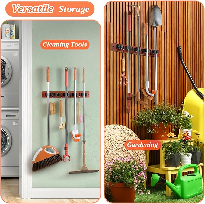 Brown Broom Holder Wall Mount - Heavy Duty Wood Mop and Broom Organizer with 5 Slots & 4 Hooks - Tool Hanger for Laundry Room Closet Kitchen Garage Storage and Organization - for Rusic farmhouse Decor-NeatNest