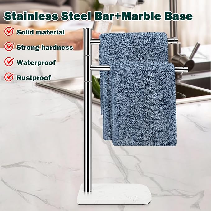 Hand Towel Holder, F-Shape Hand Towel Stand with Marble Base, Stainless Steel Swivel Hand Towel Rack Bar Standing for Bathroom Kitchen Countertop, 2 Arms (Chrome Finish)