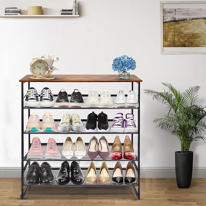 Garden 4 you 5-Tier Tilting Adjustable Freestanding Shoe Rack 12-Pairs for Durability and Stability for Entryways, Hallways, Closets, Dormitory Rooms, and Industries，Brown-NeatNest
