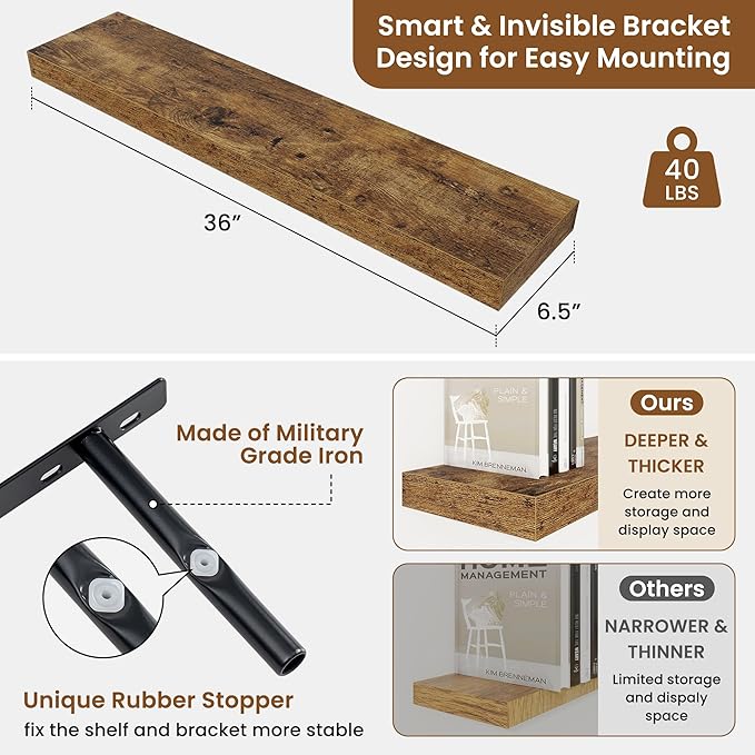 fuqing Floating Shelves for Wall, Bathroom Shelf Wall Mounted for Storage, Shelves with Invisible Bracket for Bedroom, Kitchen, Living Room, Farmhouse Small Book Shelf, 36 Inch Set of 2, Rustic Brown-NeatNest