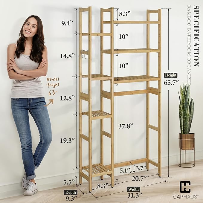 CAPHAUS Over The Toilet Storage Shelf,7-Tier Bamboo Bathroom Organizer Shelf Rack Over Toilet with Adjustable Feet & Hooks, Freestanding Toilet Shelf for Bathroom Laundry Balcony Plant Stand,Natural-NeatNest