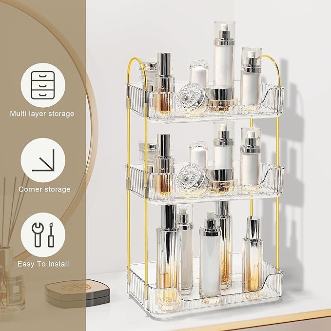 Bathroom Counter Organizer Countertop Storage Skincare Countertop Makeup Organizer Cosmetics Skincare Organizers Holder for Perfume-Clear-Golden Pole-3 Tier-NeatNest