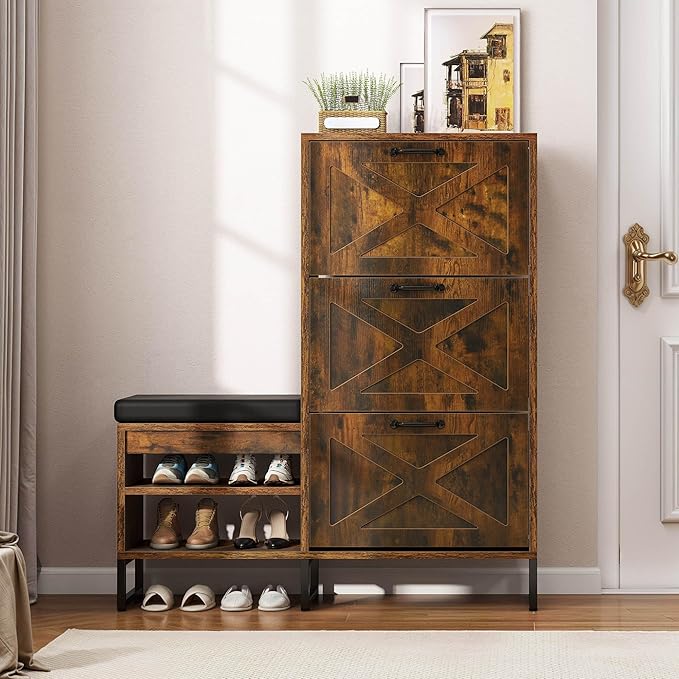 YITAHOME Farmhouse Shoe Cabinet with 3 Flip Drawers for Entryway, Shoe Storage Cabinet with Shoe Bench, Narrow Slim Shoe Rack Organizer for Entrance, Living Room, Hallway, Rustic Brown-NeatNest