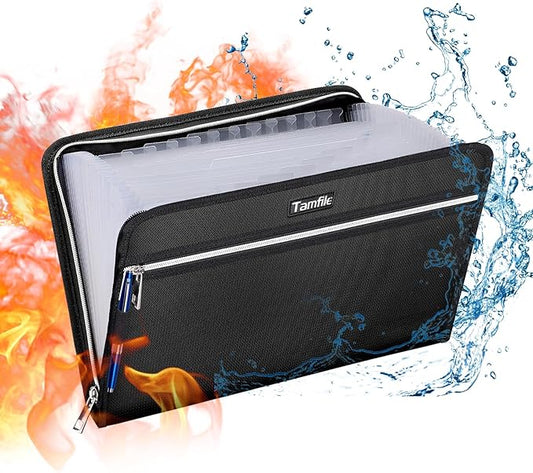 Tamfile Fireproof Waterproof Safe Expanding File Folder Accordion Document Organizer with 24 Pockets Portable Money File Bag Filing Holder and Lables/3Zippers A4 Letter Size (Black,14.3" 9.8")
