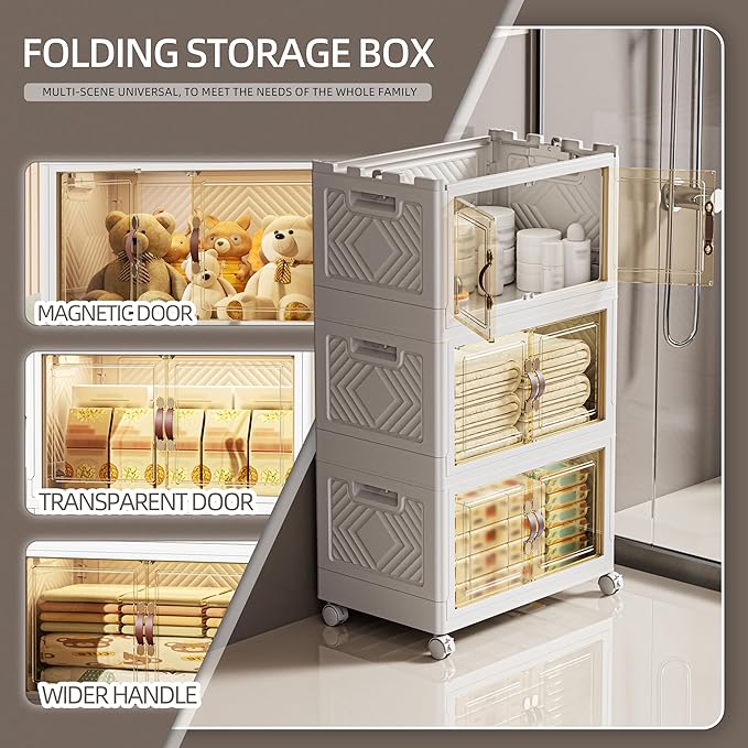200 QT / 50 Gal White Storage Bins with 1 Lid - Collapsible Stackable Cabinet Organizer w/Wheels & Magnetic Doors, Plastic Storage Box for Office Closet Organization-NeatNest