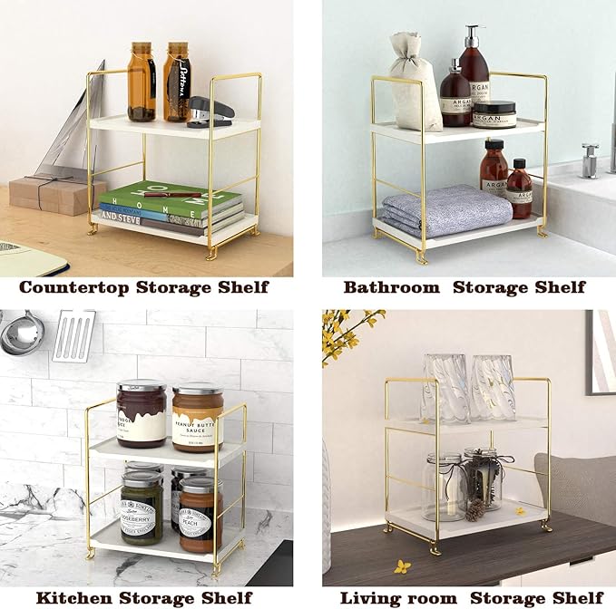 2-Tier Kitchen Spice Rack - Freestanding Stackable Bathroom Countertop Storage Shelf - Cosmetic Organizer Holder- Square Standing Rack (Golden)-NeatNest