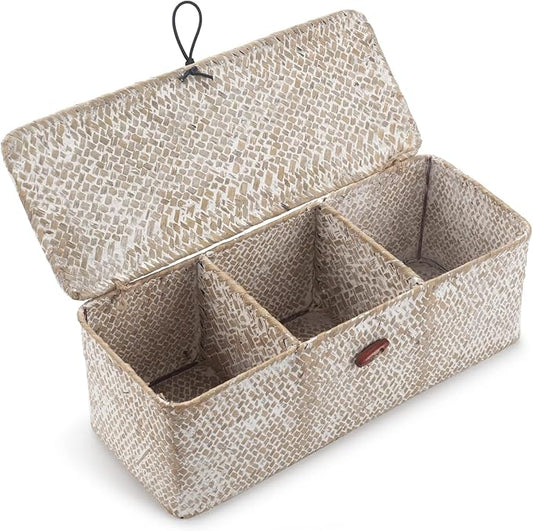 3 Section Seagrass Storage Basket, Handmade Shelf Baskets with Lid for Bathroom/Closet/Livingroom