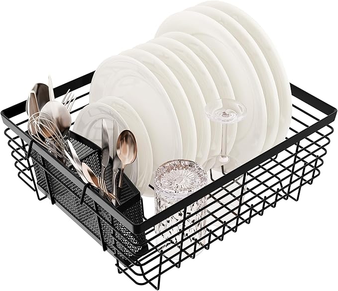 TQVAI Kitchen Dish Drying Rack Metal Dish Drainer with Full-Mesh Silverware Utensils Basket Holder, Black
