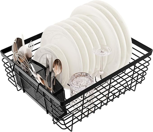 TQVAI Kitchen Dish Drying Rack Metal Dish Drainer with Full-Mesh Silverware Utensils Basket Holder, Black