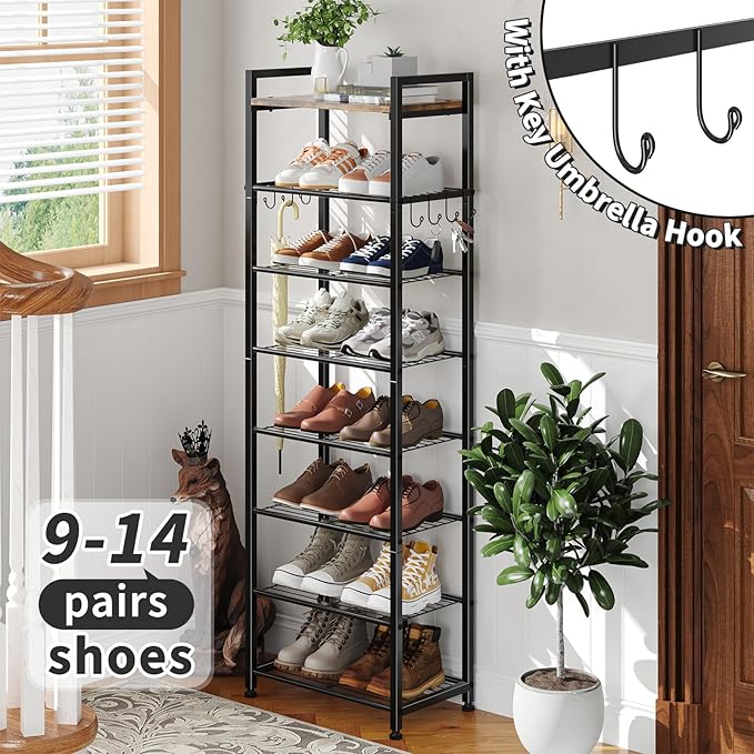 Simple Trending 8 Tiers Shoe Rack 16 Pairs Tall Wooden Plank Shoe Shelf with Hooks for Closet Entryway Organizer Sturdy Free Standing Shoe Storage Cabinet，Black-NeatNest