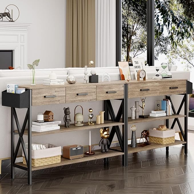 Gizoon 47" Entryway Table with 3 Drawers and 3 Tier Storage Shelves, Industrial Narrow Long Sofa Table, Farmhouse Style Console Table for Living Room, Hallway, Couch, Small Spaces - Grey-NeatNest