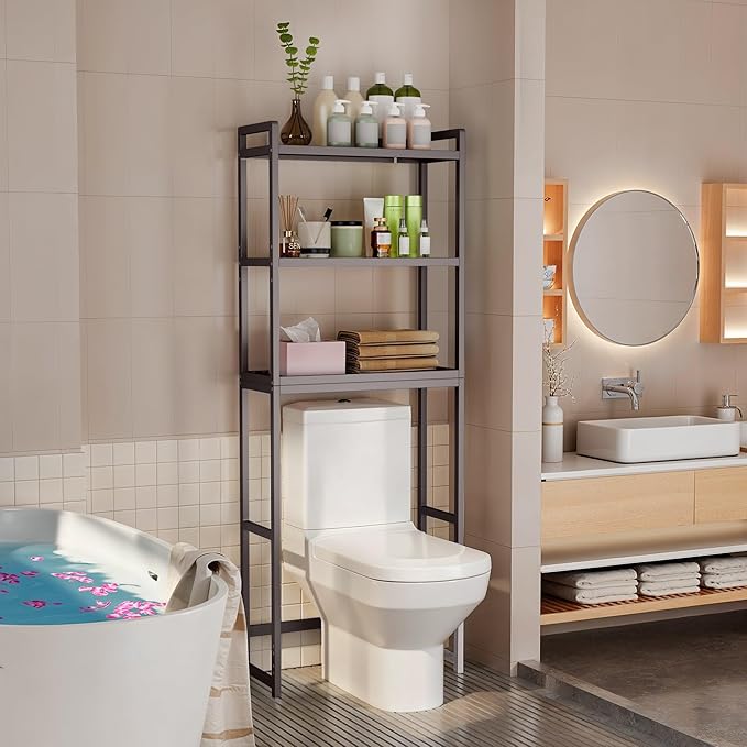 Gizoon Over The Toilet Storage, 3 Tier Bamboo Bathroom Organizer with Adjustable Shelf, Freestanding Above Toilet Stand, Bathroom Storage Shelf Rack