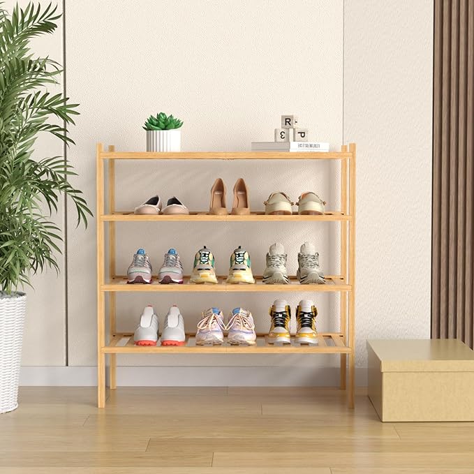 4 Tier Bamboo Shoe Rack for Closet Free Standing Wood Shoe Shelf for Entryway Small Space Stackable 27"x11"x26" (Natural)-NeatNest