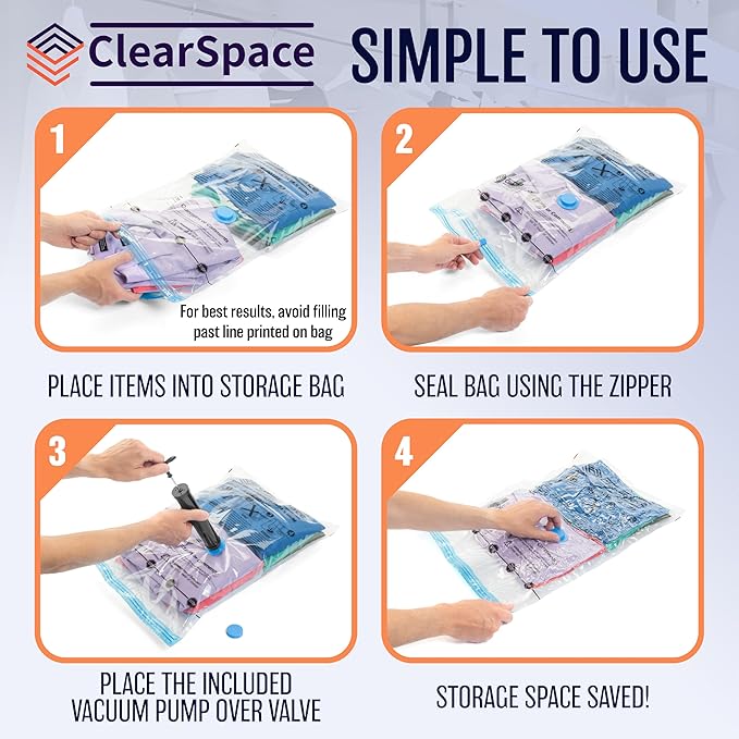 Vacuum Seal Bags for Clothing Travel, 25 Combo - Space Saver Vacuum Storage Bags, Blanket & Clothes Storage Bags Vacuum Sealed – Hand Pump Included, Bolsas Para Guardar Ropa Al Vacío