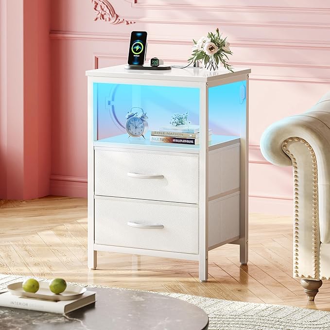 Huuger Night Stand with Charger Station and LED Lights, 2 Drawer Nightstand, Bed Side Table with Open Shelf, End Table, Fabric Dresser for Bedroom, PU Leather, White