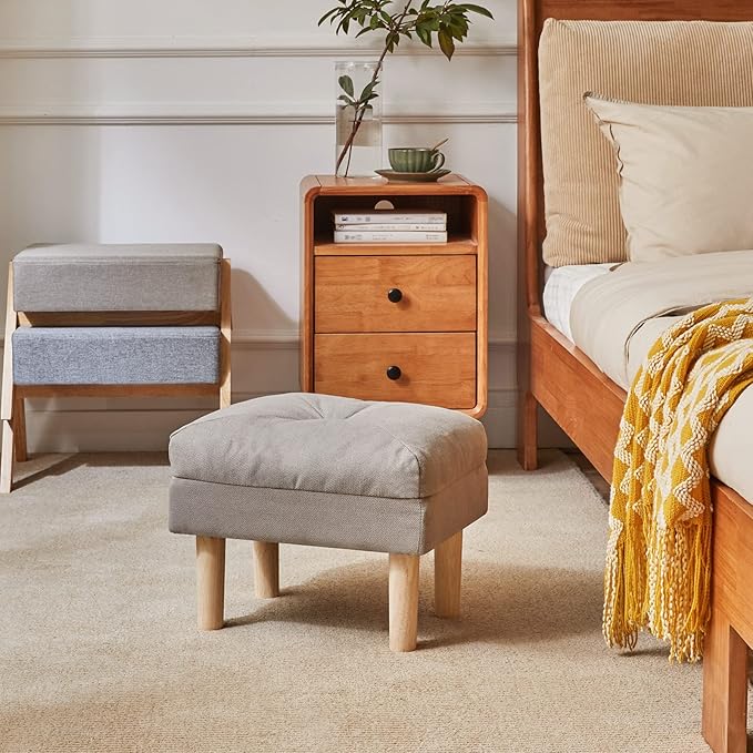 YMYNY 15.75" Small Footstool Ottoman, Footrest with Sponge Padded Seat, Step Stool for Sofa, Bedroom, Living Room, Entryway, Modern Change Shoes Stool, Wood Legs, Gray, UHBD023G