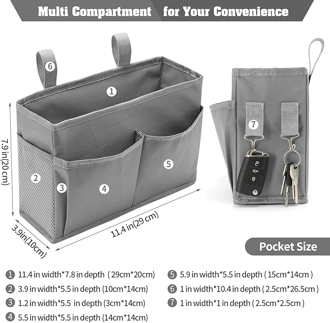 Bunk Bed Organizer, Bedside Caddy Hanging Bed Organizer Storage Bag with 4 Pockets and 2 Hooks, for College Dorm Rooms Bed, Hospital Bed, Baby Bed Rails, 600D Oxford Cloth (Gray)-NeatNest