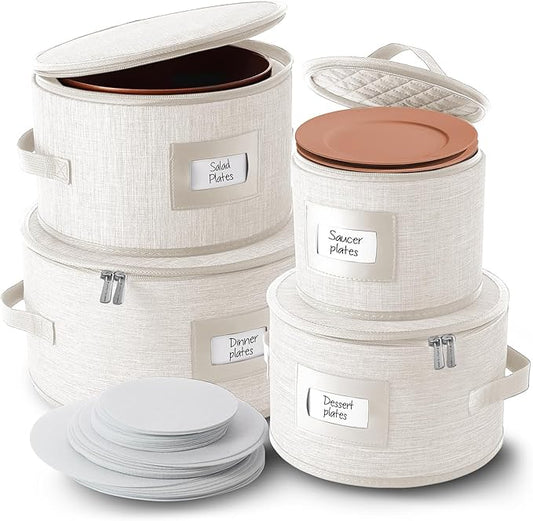 Fine China Storage Containers Hard Shell, 4 Piece Dish Storage Containers, Quilted Plate Containers, Stackable Dish Organizer with Dividers, Dinnerware Storage for Moving and Seasonal Storage, Cream-NeatNest