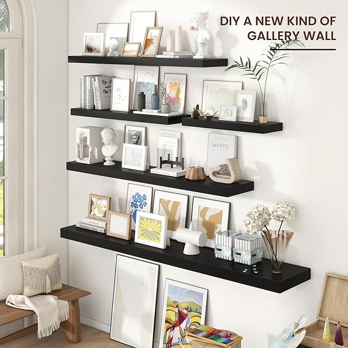Floating Shelves for Wall, 48"W x 9"D x 1.5"H, 2 Pack of Long Wall Mounted Engineered Wood Shelves with Invisible Brackets for Living Room, Bedroom, Bathroom, Kitchen Decor and Storage, Black-NeatNest