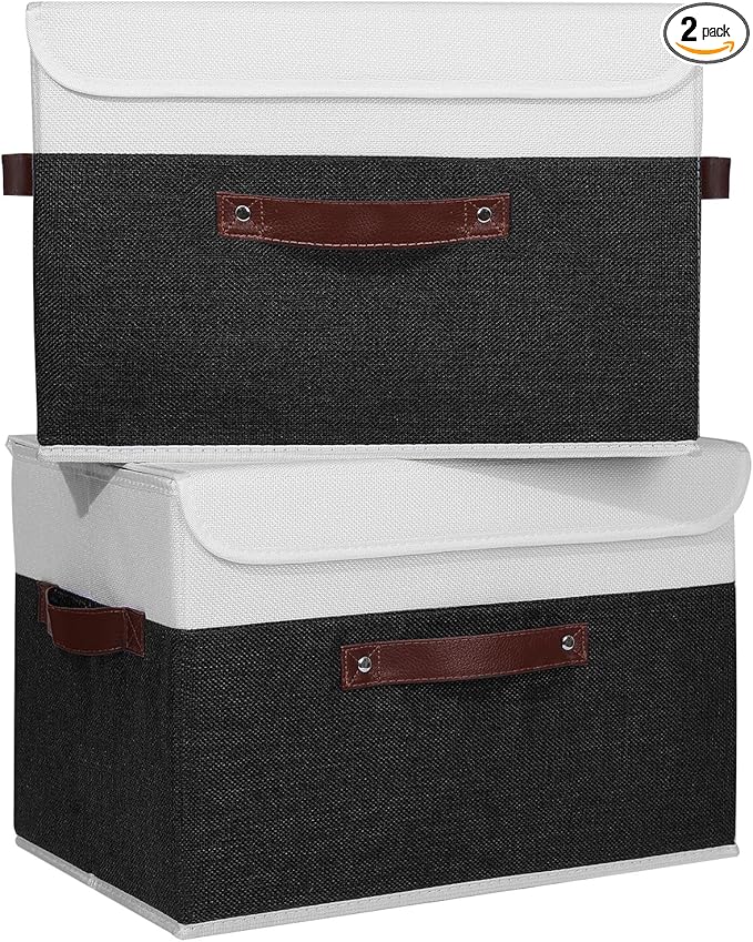 ANMINY 2PCS Storage Boxes with Lid Washable Decorative Storage Bins Basket with PU Leather Handle Foldable Linen Fabric Storage Cubes Containers for Home Closet Organizer - Black White, Large Size-NeatNest